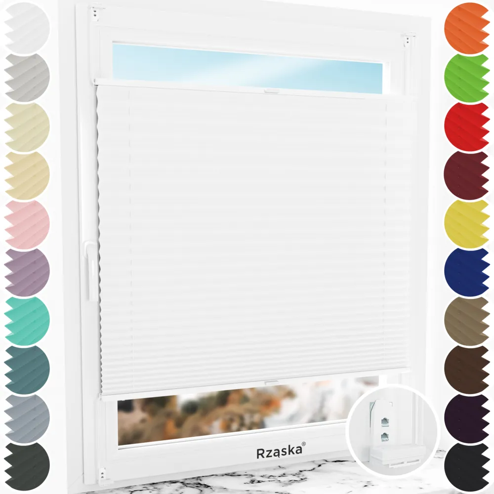 Inwazyjne plisy okienne Rząska® na wymiar, uchwyty Risinfix Double 2w1, kolekcja Thermo w kolorze Białe święto, białym z profilem białym.