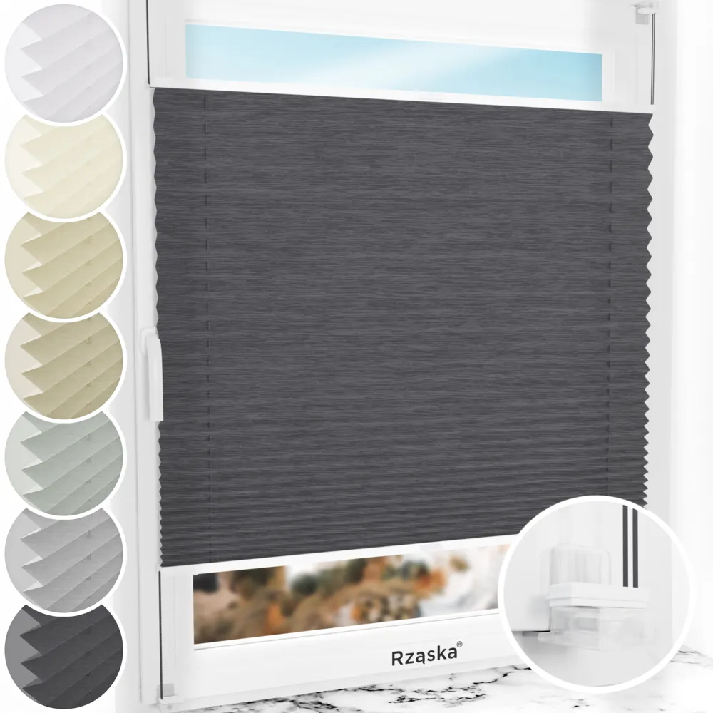 Bezinwazyjne plisy na okno Rząska® pod na wymiar, uchwyty Risinfix Incognito X do zaciskania, kolekcja Dolomite w kolorze Ciemny vintage, szarym z profilem białym.
