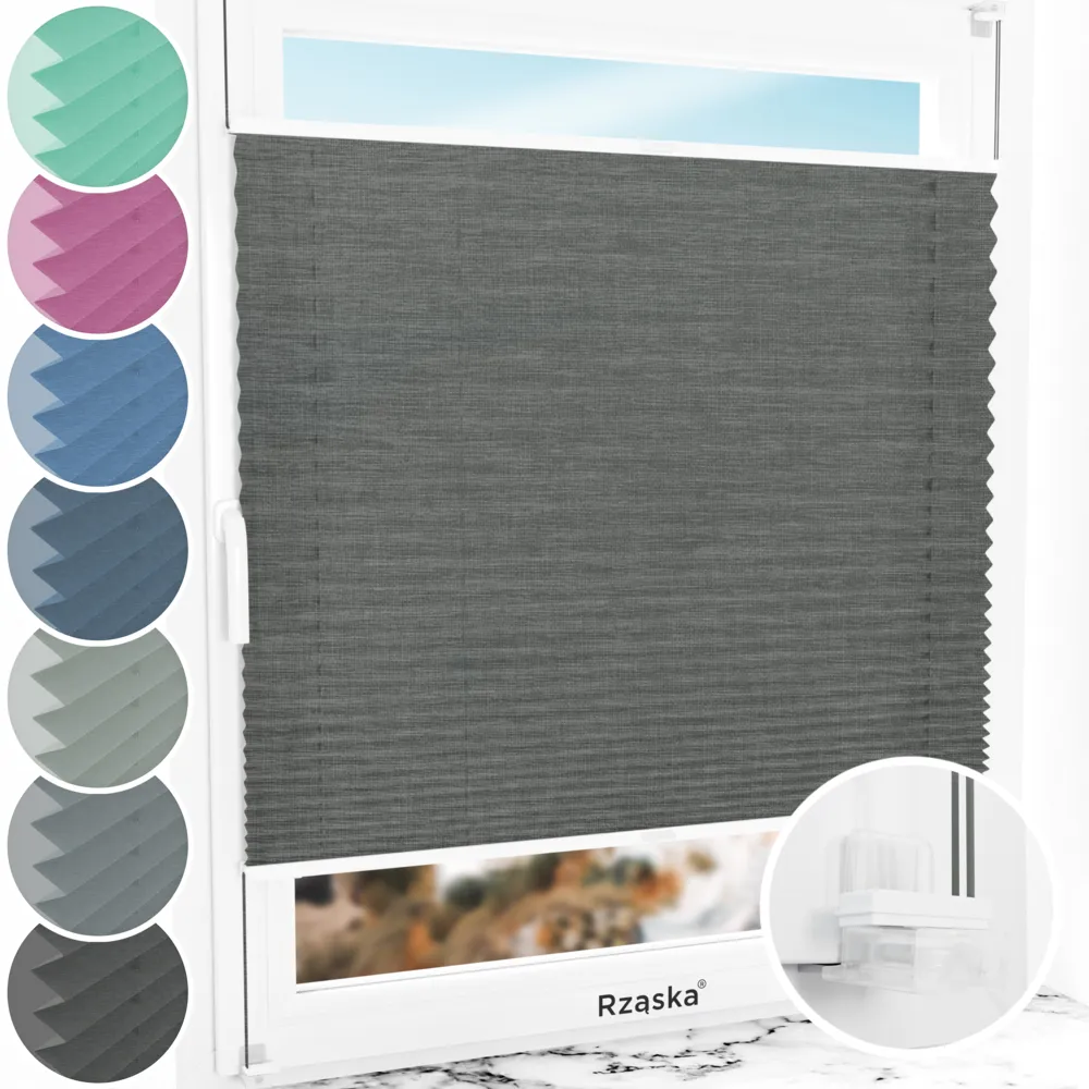 Bezinwazyjne plisy okienne Rząska® na wymiar, uchwyty Risinfix Incognito X do zaciskania, kolekcja Melange w kolorze Czarna perła, czarnym z profilem białym.