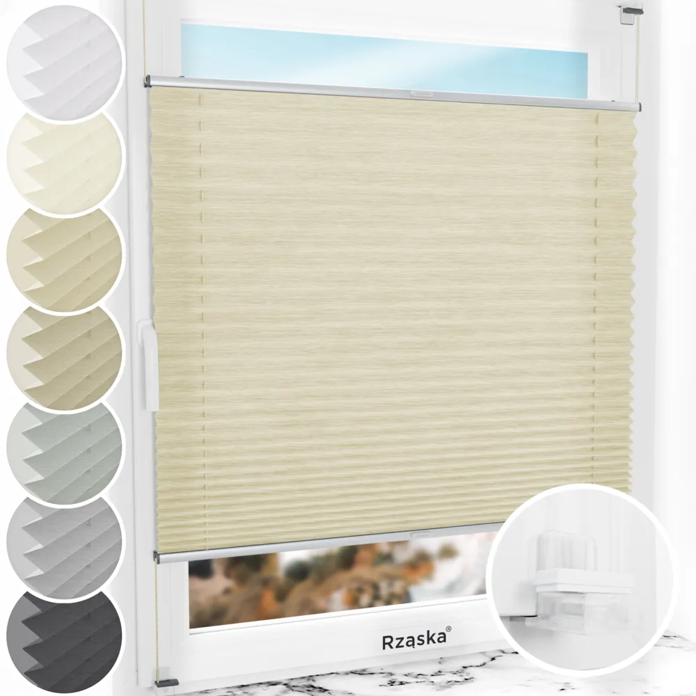 Bezinwazyjne plisy na okno Rząska® pod na wymiar, uchwyty Risinfix Incognito X do zaciskania, kolekcja Dolomite w kolorze Mokry piasek, beżowym z profilem srebrnym.