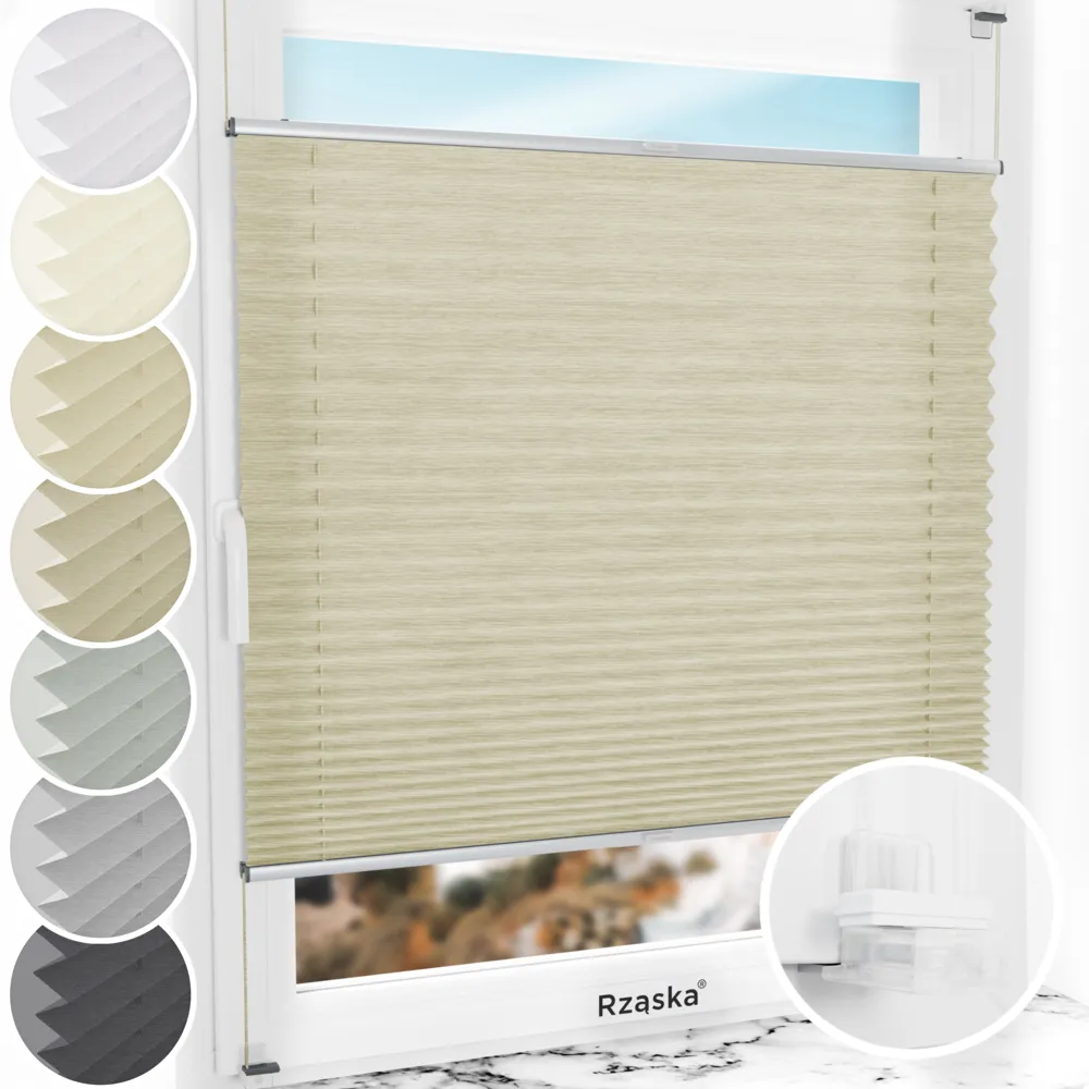 Bezinwazyjne plisy na okno Rząska® pod na wymiar, uchwyty Risinfix Incognito X do zaciskania, kolekcja Dolomite w kolorze Lekka kawa, beżowym z profilem srebrnym.
