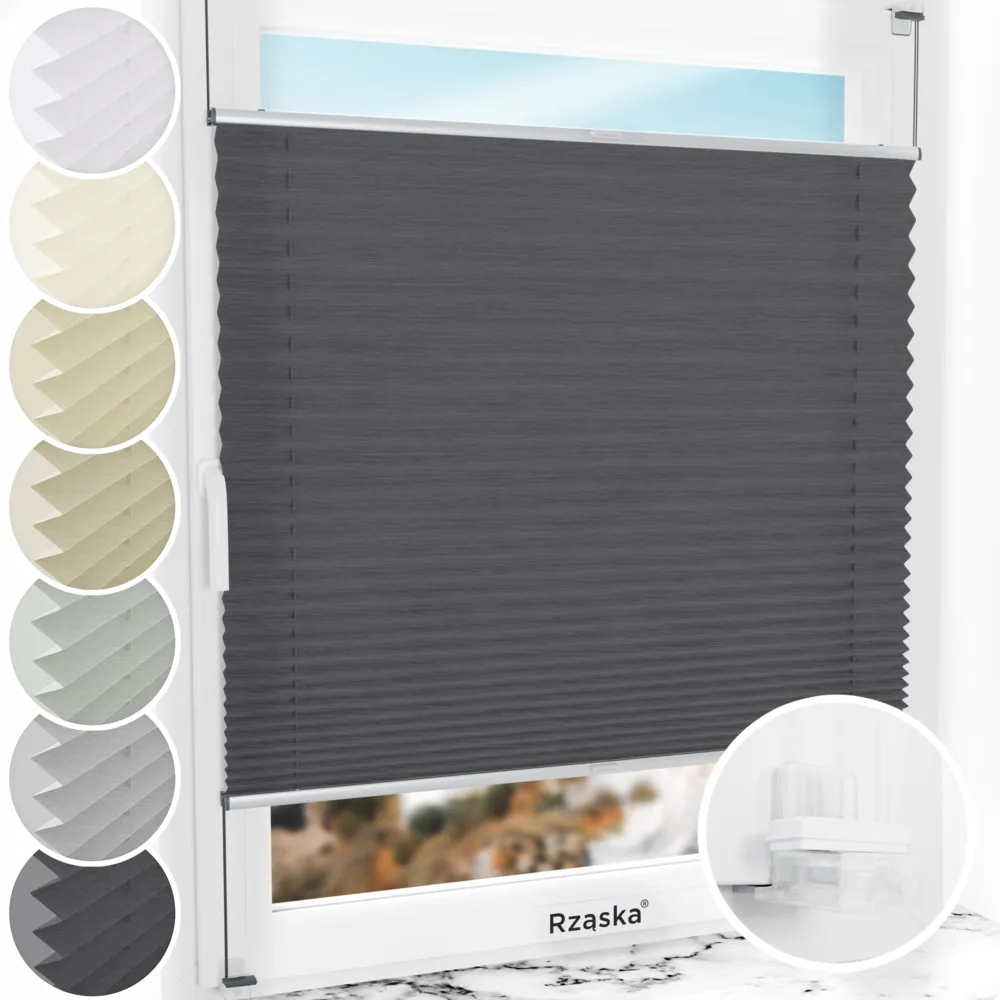 Bezinwazyjne plisy na okno Rząska® pod na wymiar, uchwyty Risinfix Incognito X do zaciskania, kolekcja Dolomite w kolorze Ciemny vintage, szarym z profilem srebrnym.