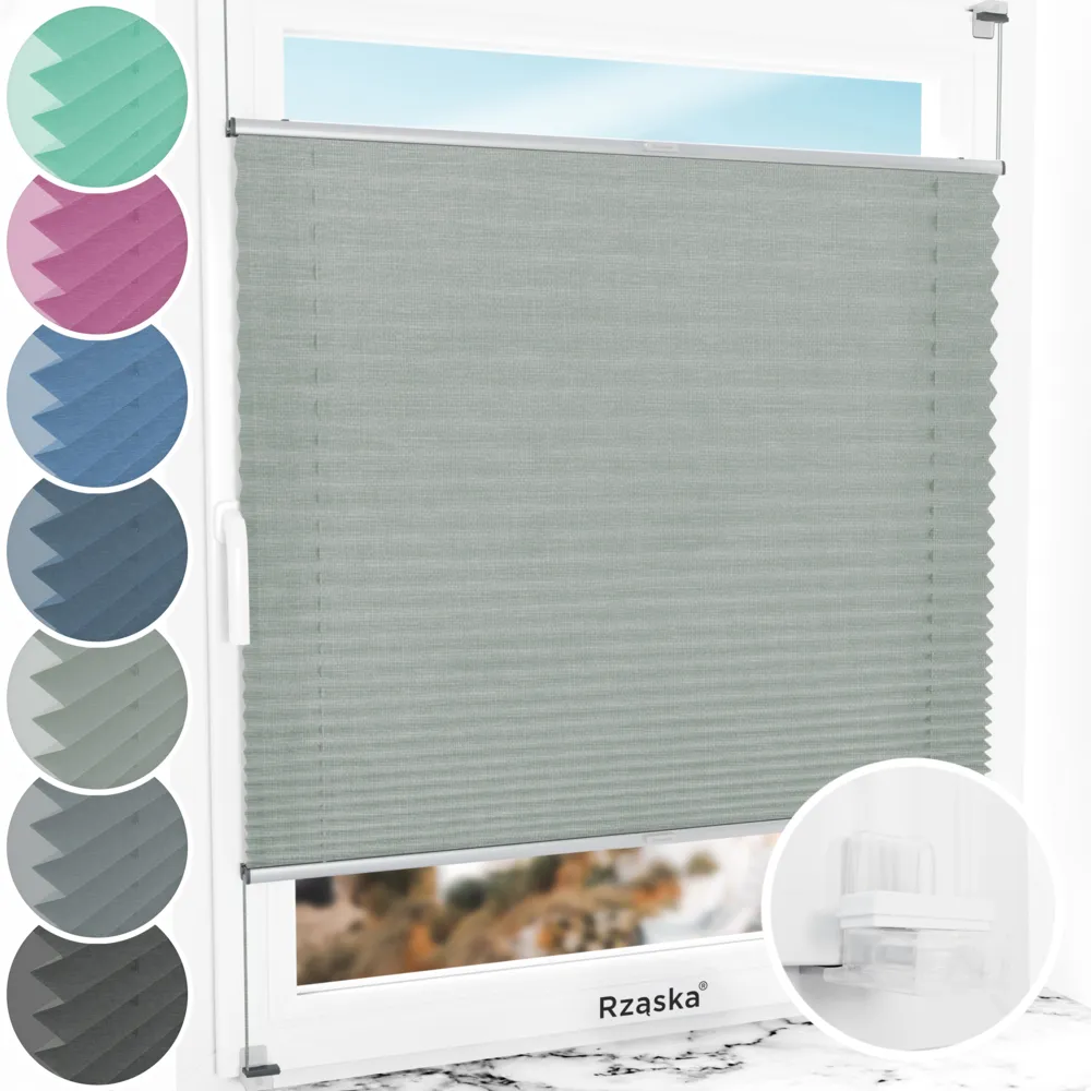 Bezinwazyjne plisy okienne Rząska® na wymiar, uchwyty Risinfix Incognito X do zaciskania, kolekcja Melange w kolorze W drodze, szarym z profilem srebrnym.