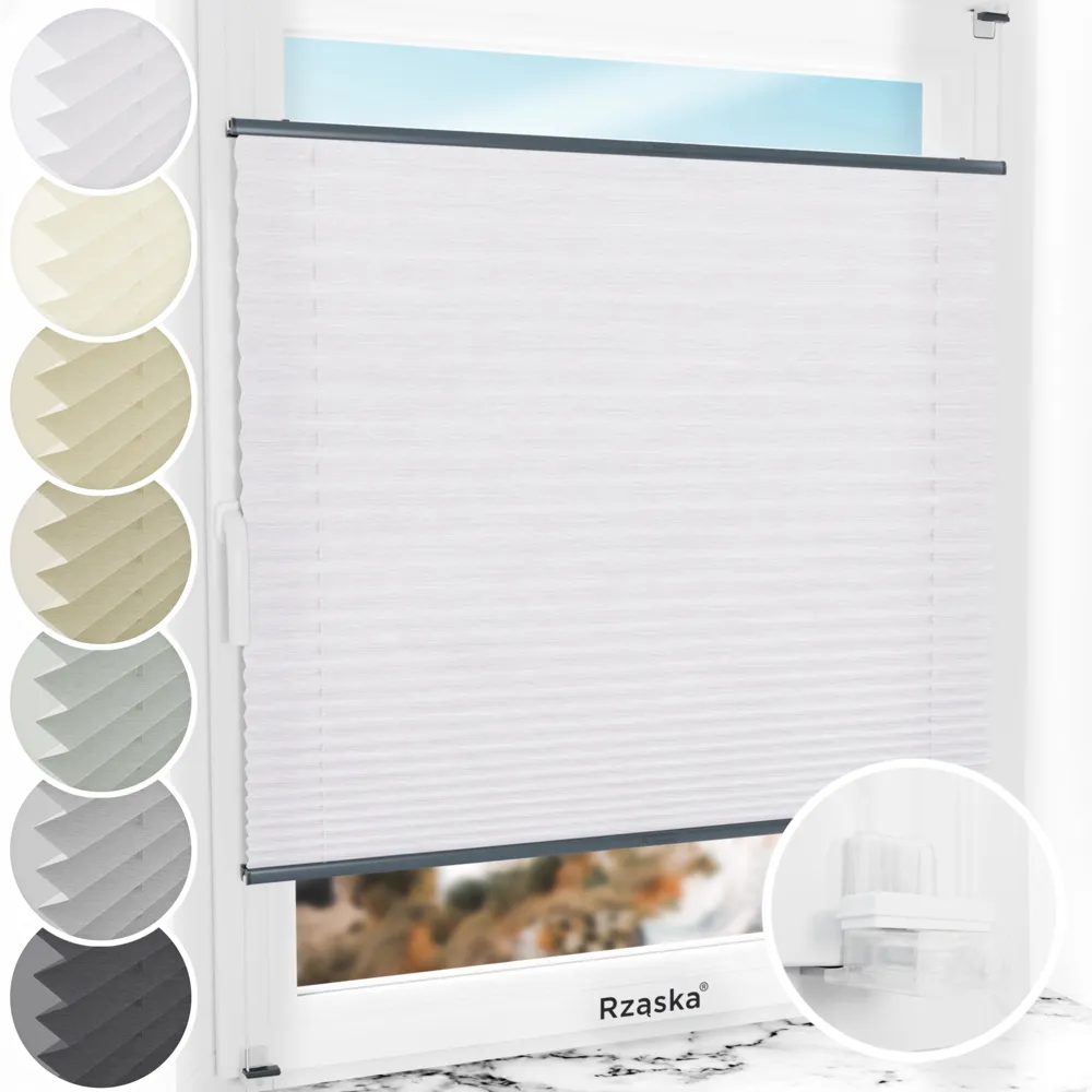 Bezinwazyjne plisy na okno Rząska® pod na wymiar, uchwyty Risinfix Incognito X do zaciskania, kolekcja Dolomite w kolorze Zimny poranek, szarym z profilem antracytowym.