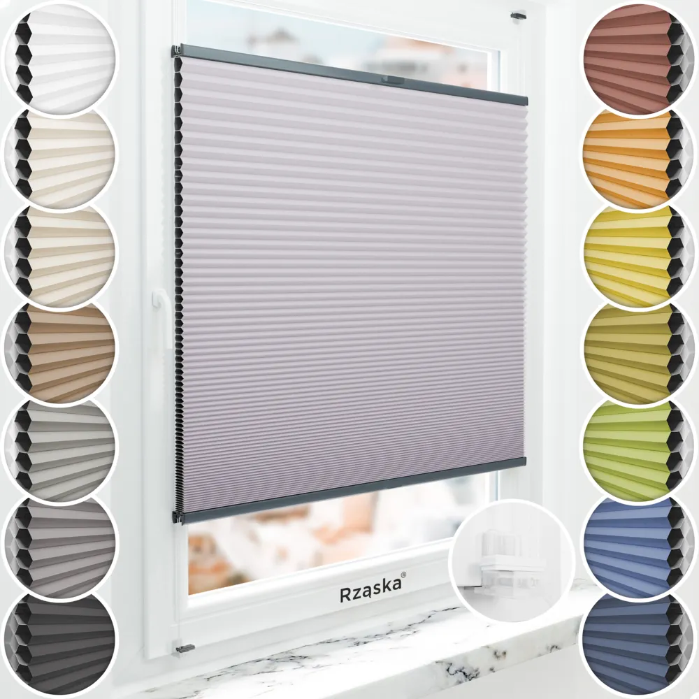 Bezinwazyjne plisy okienne Rząska® na wymiar o strukturze plastra miodu kolekcja Honeycomb w kolorze Japońska Wiśnia, pastelowy fiolet z profilem antracytowym.