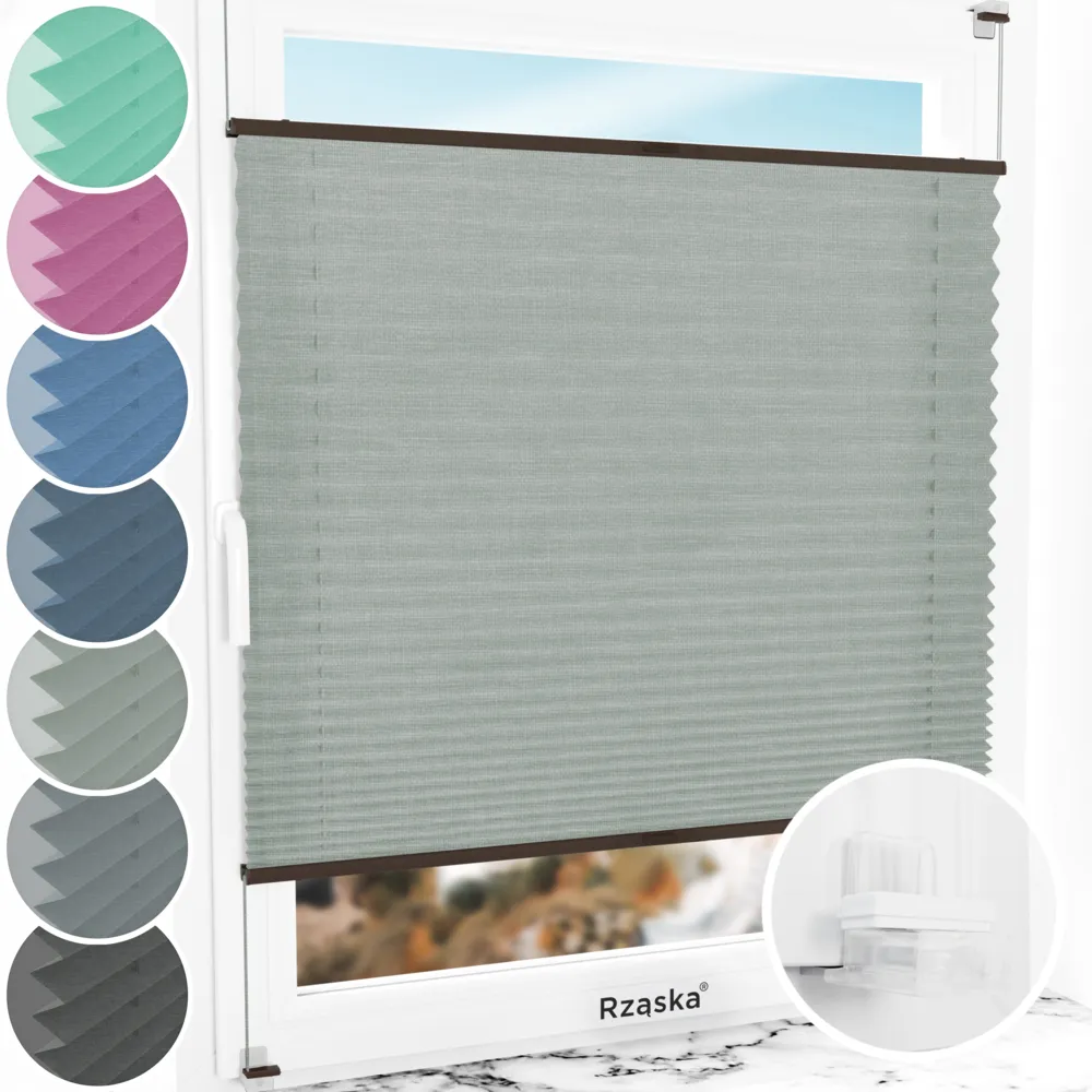 Bezinwazyjne plisy okienne Rząska® na wymiar, uchwyty Risinfix Incognito X do zaciskania, kolekcja Melange w kolorze W drodze, szarym z profilem orzechowym.