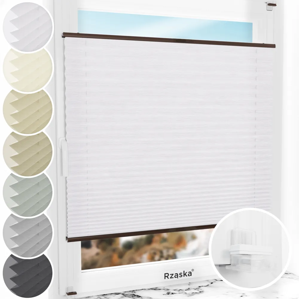 Bezinwazyjne plisy na okno Rząska® pod na wymiar, uchwyty Risinfix Incognito X do zaciskania, kolekcja Dolomite w kolorze Zimny poranek, szarym z profilem brązowym.