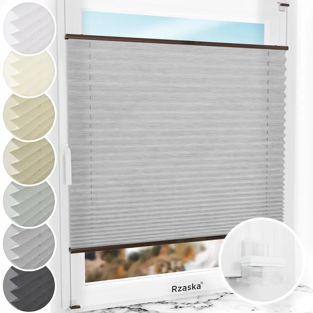 Bezinwazyjne plisy na okno Rząska® pod na wymiar, uchwyty Risinfix Incognito X do zaciskania, kolekcja Dolomite w kolorze Szary sztorm, szarym z profilem brązowym.