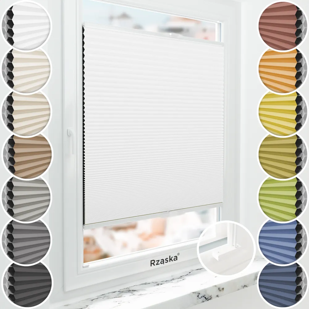 Inwazyjne plisy, rolety termoizolacyjne Rząska® na wymiar o strukturze plastra miodu kolekcja Honeycomb w kolorze Światło księżyca, białym z profilem białym.