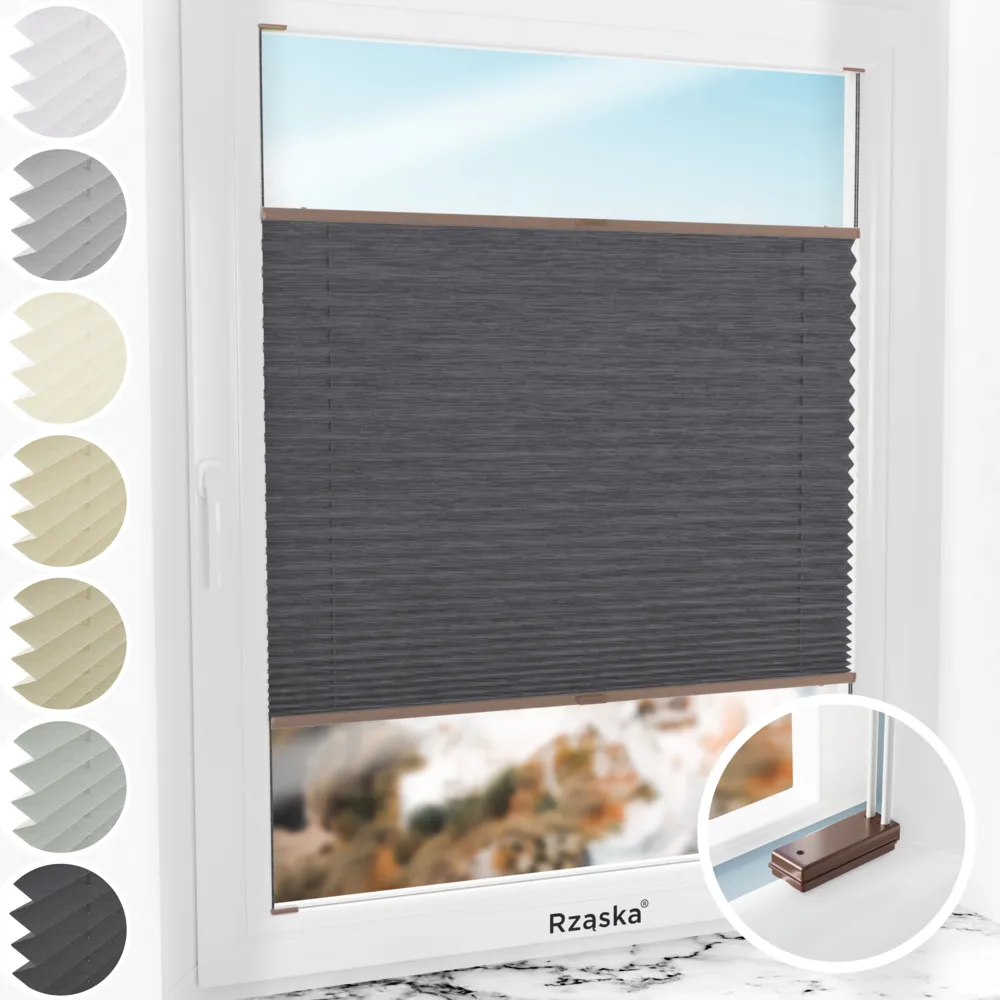 Inwazyjne rolety plisowane Rząska® na wymiar, uchwyty Risinfix do przykręcania, kolekcja Dolomite w kolorze Ciemny vintage, szarym z profilem brązowym.