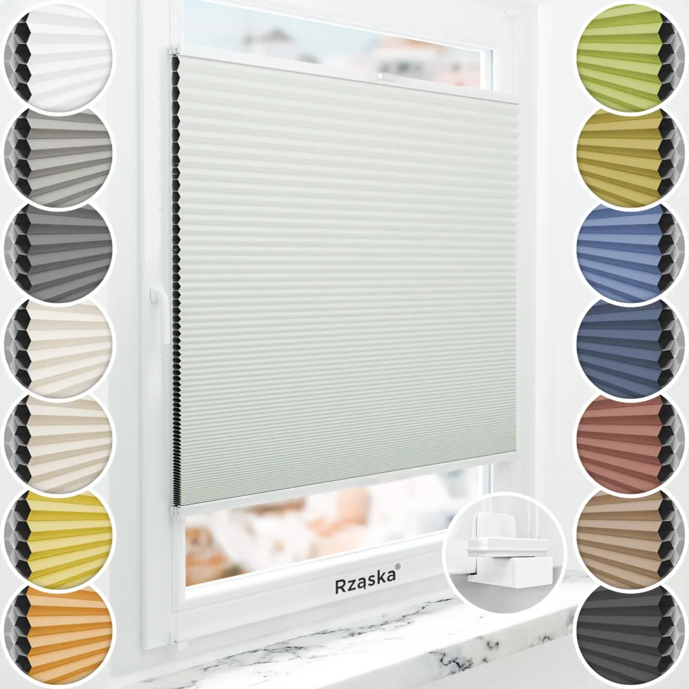 Bezinwazyjne plisy Blackout Rząska® na wymiar o strukturze plastra miodu kolekcja Honeycomb w kolorze Dzwoneczkowy Pył, pastelowa zieleń z profilem białym.