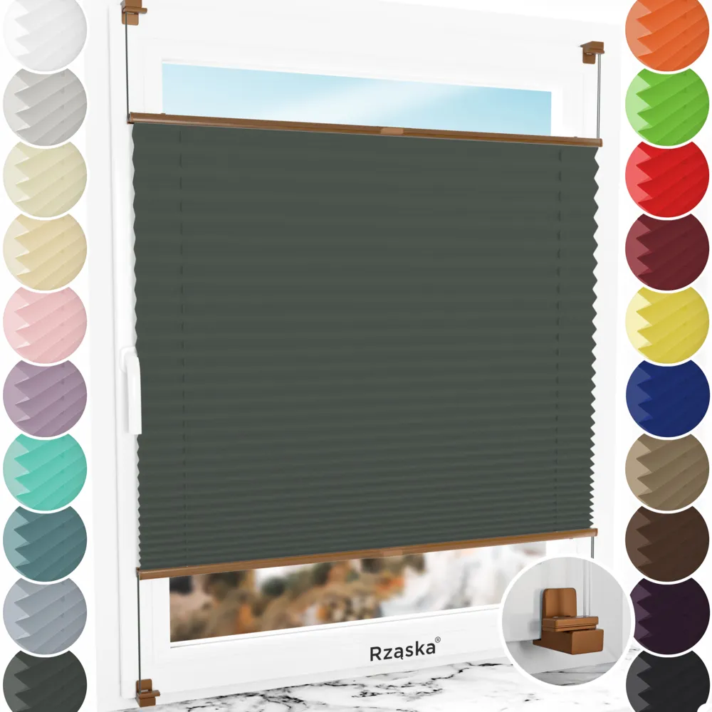 Bezinwazyjne rolety termoizolacyjne Rząska® na wymiar, uchwyty Risinfix do zaciskania na imbus, kolekcja Thermo w kolorze Przed sztormem, szarym z profilem dębowym.