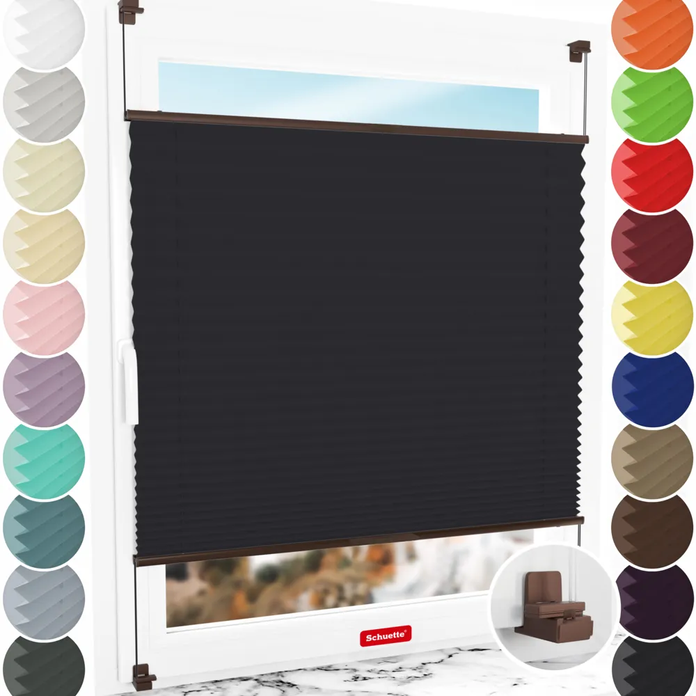 Bezinwazyjne rolety termoizolacyjne Rząska® na wymiar, uchwyty Risinfix do zaciskania na imbus, kolekcja Thermo w kolorze Ciemna noc, czarnym z profilem brązowym.