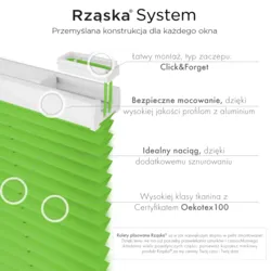 Roleta plisowana dachowa Rząska® na wymiar, uchwyty Risinfix do przykręcania, kolekcja Premium w kolorze Zielona łąka, zielonym z profilem srebrnym.