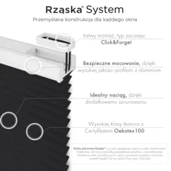 Bezinwazyjne rolety plisowane Rząska® na wymiar, uchwyty Risinfix do klejenia, kolekcja Premium w kolorze Śląski węgiel, czarnym z profilem antracytowym.