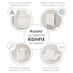 Bezinwazyjne rolety plisowane Rząska® na wymiar, uchwyty Risinfix do klejenia, kolekcja Premium w kolorze Białe święto, białym z profilem białym.