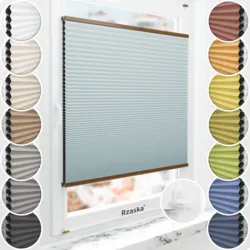 Bezinwazyjne plisy okienne Rząska® na wymiar o strukturze plastra miodu kolekcja Honeycomb w kolorze Siódme niebo, pastolowy błękit z profilem dębowym.