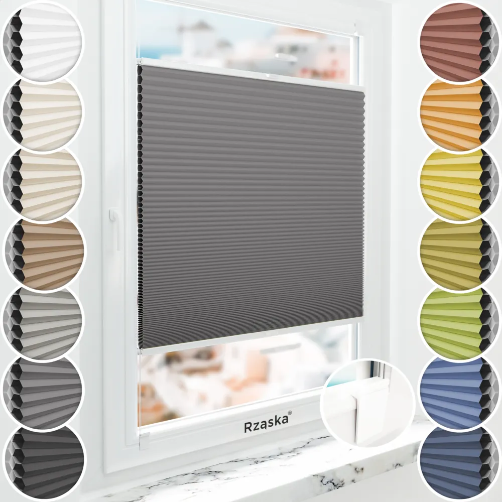 Bezinwazyjna roleta termoizolacyjna Rząska® na wymiar o strukturze plastra miodu kolekcja Honeycomb w kolorze Tango o zmierzchu, szarym z profilem białym.