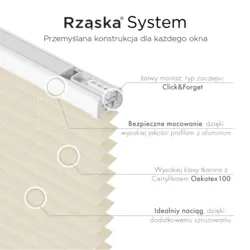 Bezinwazyjne plisy na okno Rząska® pod na wymiar, uchwyty Risinfix Incognito X do zaciskania, kolekcja Dolomite w kolorze Waniliowe niebo, beżowym z profilem białym.