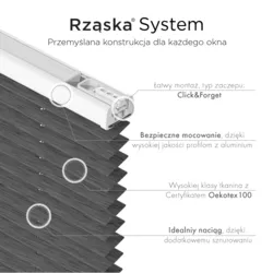 Bezinwazyjne plisy na okno Rząska® pod na wymiar, uchwyty Risinfix Incognito X do zaciskania, kolekcja Dolomite w kolorze Ciemny vintage, szarym z profilem białym.