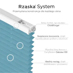 Bezinwazyjne plisy okienne Rząska® na wymiar, uchwyty Risinfix Incognito X do zaciskania, kolekcja Melange w kolorze Głębokie morze, niebieskim z profilem srebrnym.