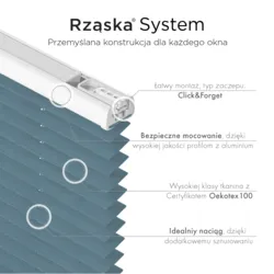 Bezinwazyjne plisy okienne Rząska® na wymiar, uchwyty Risinfix Incognito X do zaciskania, kolekcja Melange w kolorze Podczas desczu, niebieskim z profilem srebrnym.