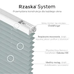 Bezinwazyjne plisy okienne Rząska® na wymiar, uchwyty Risinfix Incognito X do zaciskania, kolekcja Melange w kolorze W drodze, szarym z profilem białym.