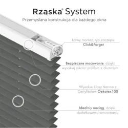 Bezinwazyjne plisy okienne Rząska® na wymiar, uchwyty Risinfix Incognito X do zaciskania, kolekcja Melange w kolorze Czarna perła, czarnym z profilem dębowym.