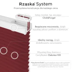 Bezinwazyjne plisy okienne Rząska® na wymiar, uchwyty Risinfix Incognito X do zaciskania, kolekcja Premium w kolorze Rubinowa Zagadka, ciemno czerwonym z profilem białym.