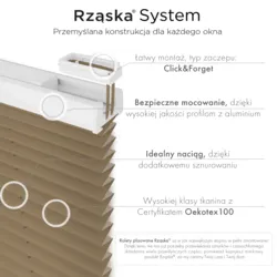 Bezinwazyjne rolety termoizolacyjne Rząska® na wymiar, uchwyty Risinfix do zaciskania na imbus, kolekcja Thermo w kolorze Mokka, jasnobrązowym z profilem dębowym.