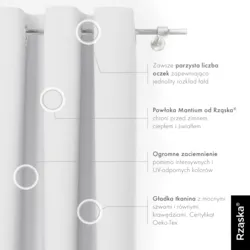 Zasłony zaciemniające Rząska® na przelotkach z kolekcji Century Black, łatwe w pielęgnacji, w kolorze Misty White, biało-szarym.