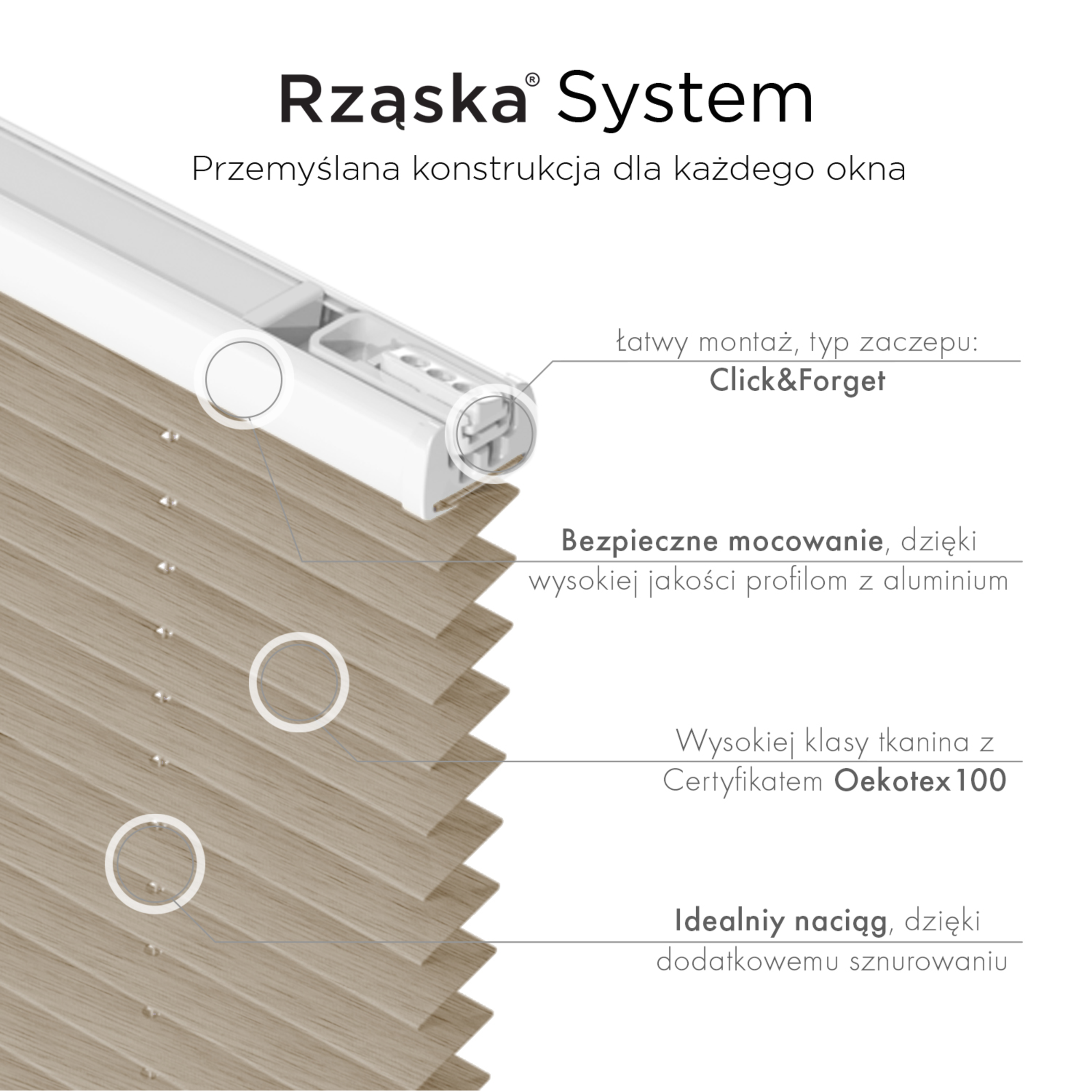 Bezinwazyjne plisy na okno Rząska® pod na wymiar, uchwyty Risinfix Incognito X do zaciskania, kolekcja Dolomite w kolorze Lekka kawa, beżowym z profilem srebrnym.