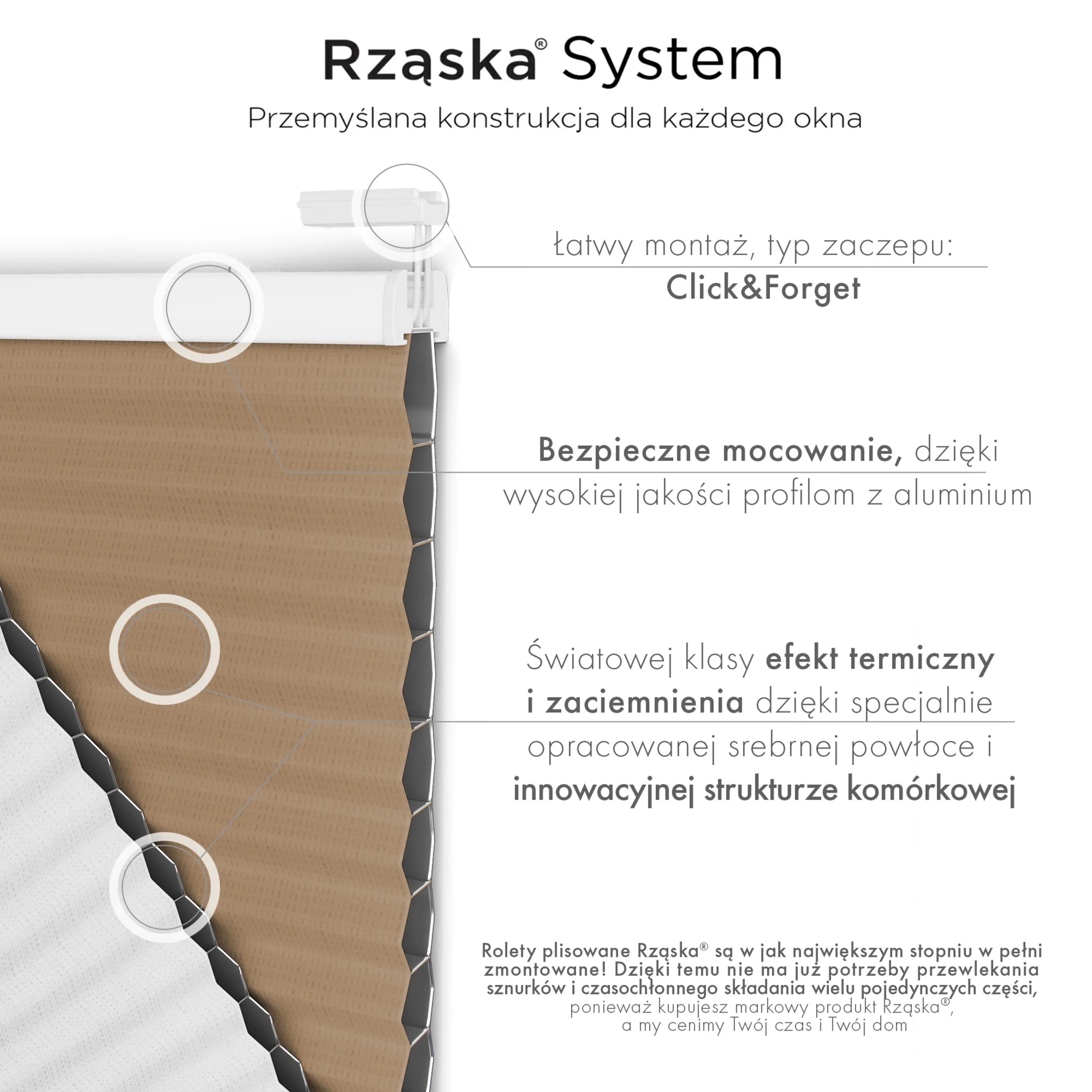 Bezinwazyjne plisy okienne Rząska® na wymiar o strukturze plastra miodu kolekcja Honeycomb w kolorze Drewno klonowe, brązowym z profilem antracytowym.