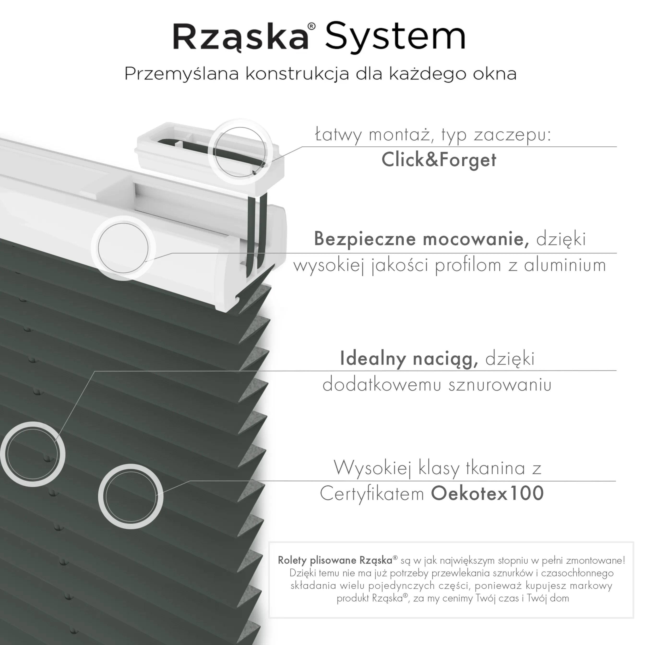 Bezinwazyjne rolety termoizolacyjne Rząska® na wymiar, uchwyty Risinfix do zaciskania na imbus, kolekcja Thermo w kolorze Przed sztormem, szarym z profilem dębowym.