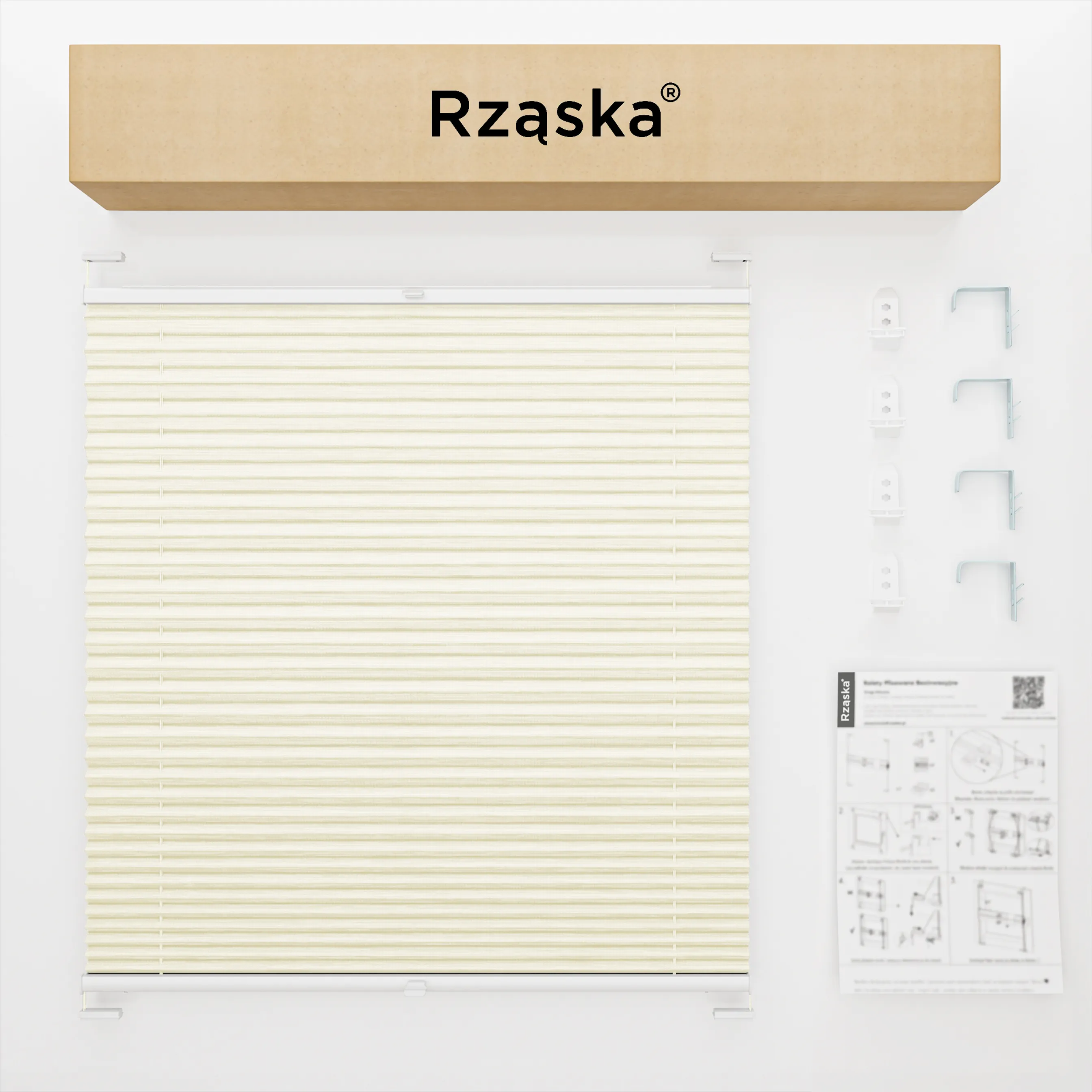 Inwazyjne plisy okienne Rząska® na wymiar, uchwyty Risinfix Double 2w1, kolekcja Dolomite w kolorze Waniliowe niebo, beżowym z profilem białym.