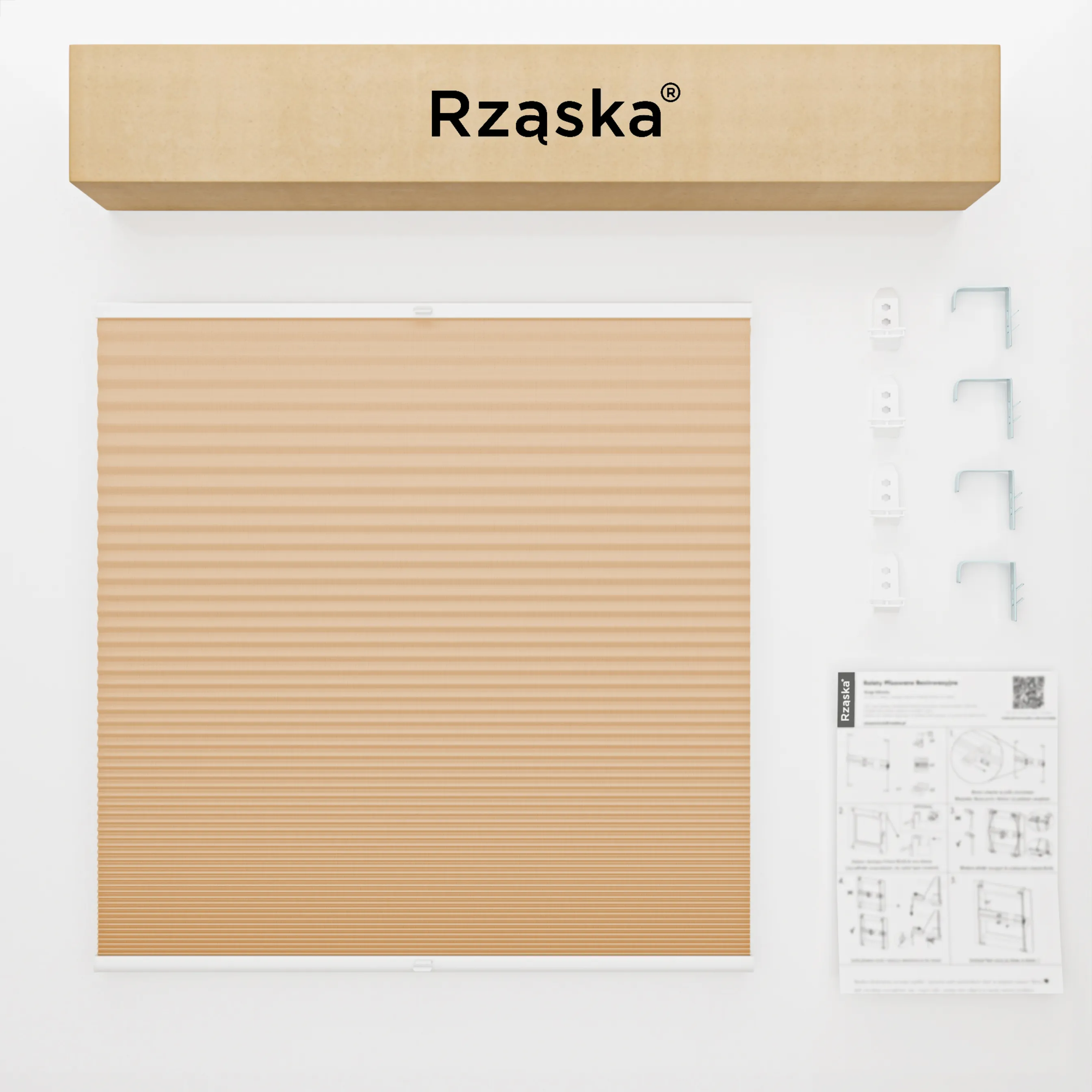 Inwazyjne plisy zaciemniające Rząska® na wymiar o strukturze plastra miodu kolekcja Honeycomb w kolorze Pustynne Światło, piaskowym z profilem białym.