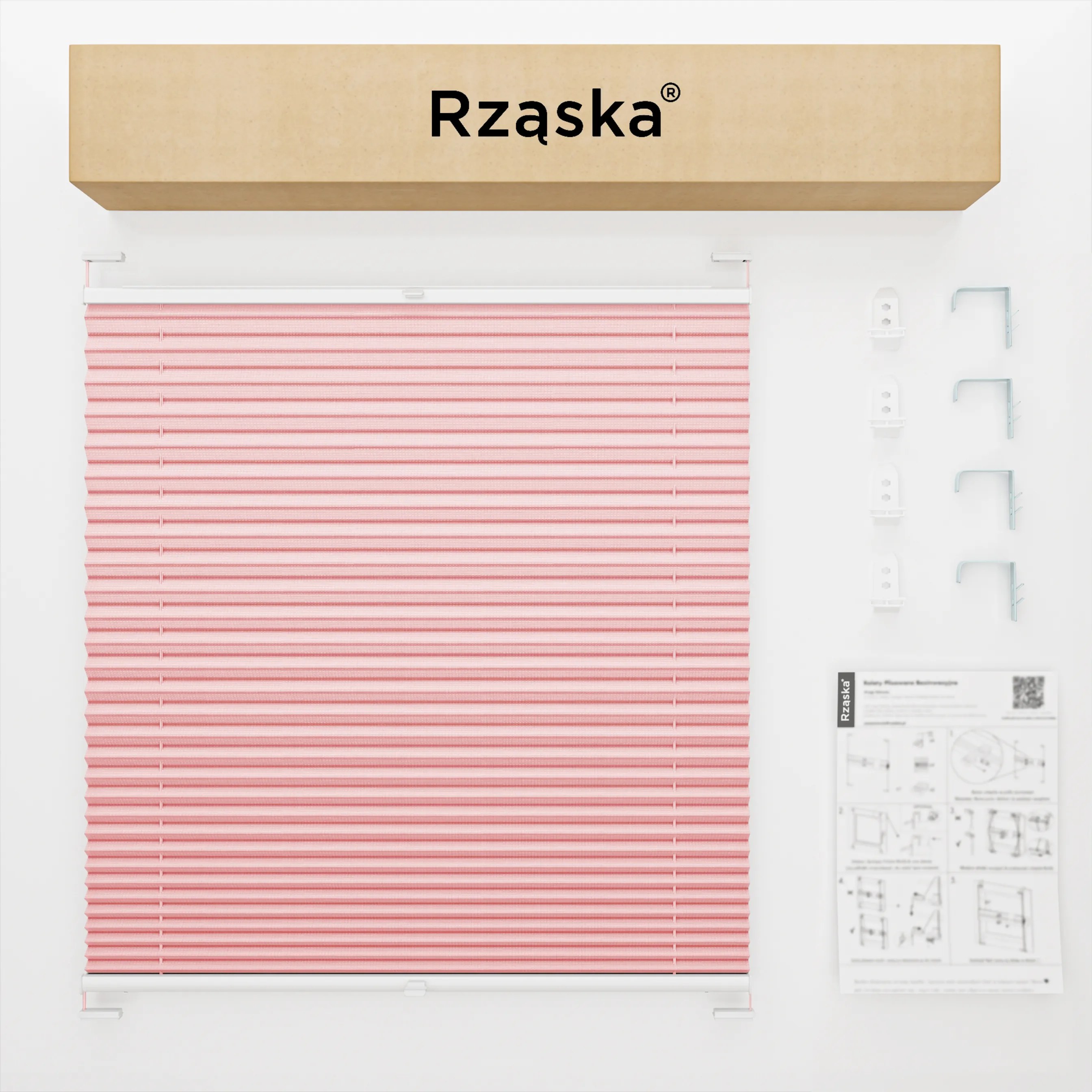 Inwazyjne rolety okienne wewnętrzne Rząska® na wymiar, uchwyty Risinfix Double 2w1, kolekcja Premium w kolorze Pudrowy róż, różowym z profilem białym.