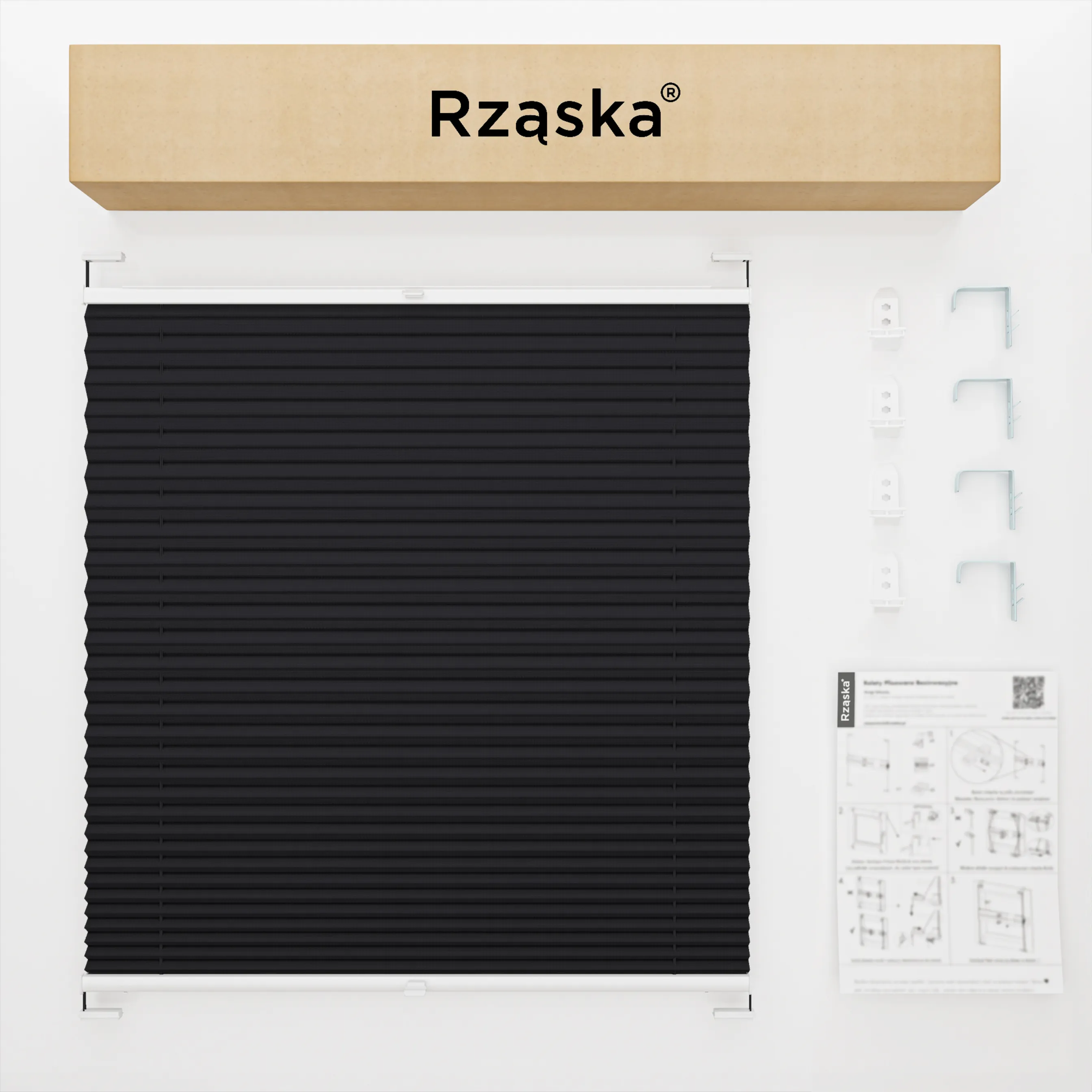 Inwazyjne rolety okienne wewnętrzne Rząska® na wymiar, uchwyty Risinfix Double 2w1, kolekcja Premium w kolorze Śląski węgiel, czarnym z profilem białym.