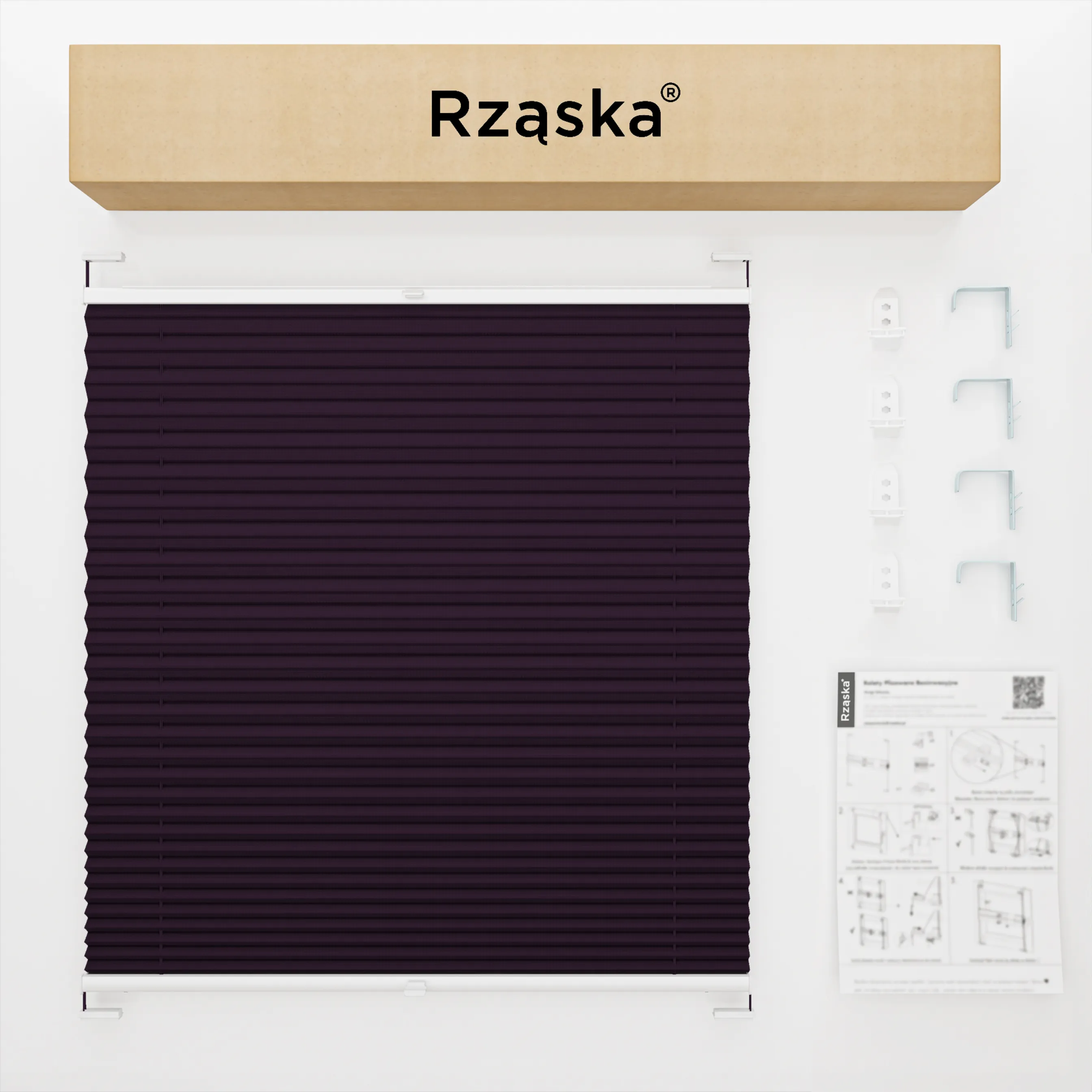 Inwazyjne rolety okienne wewnętrzne Rząska® na wymiar, uchwyty Risinfix Double 2w1, kolekcja Premium w kolorze Muza północy, flioletowym z profilem białym.