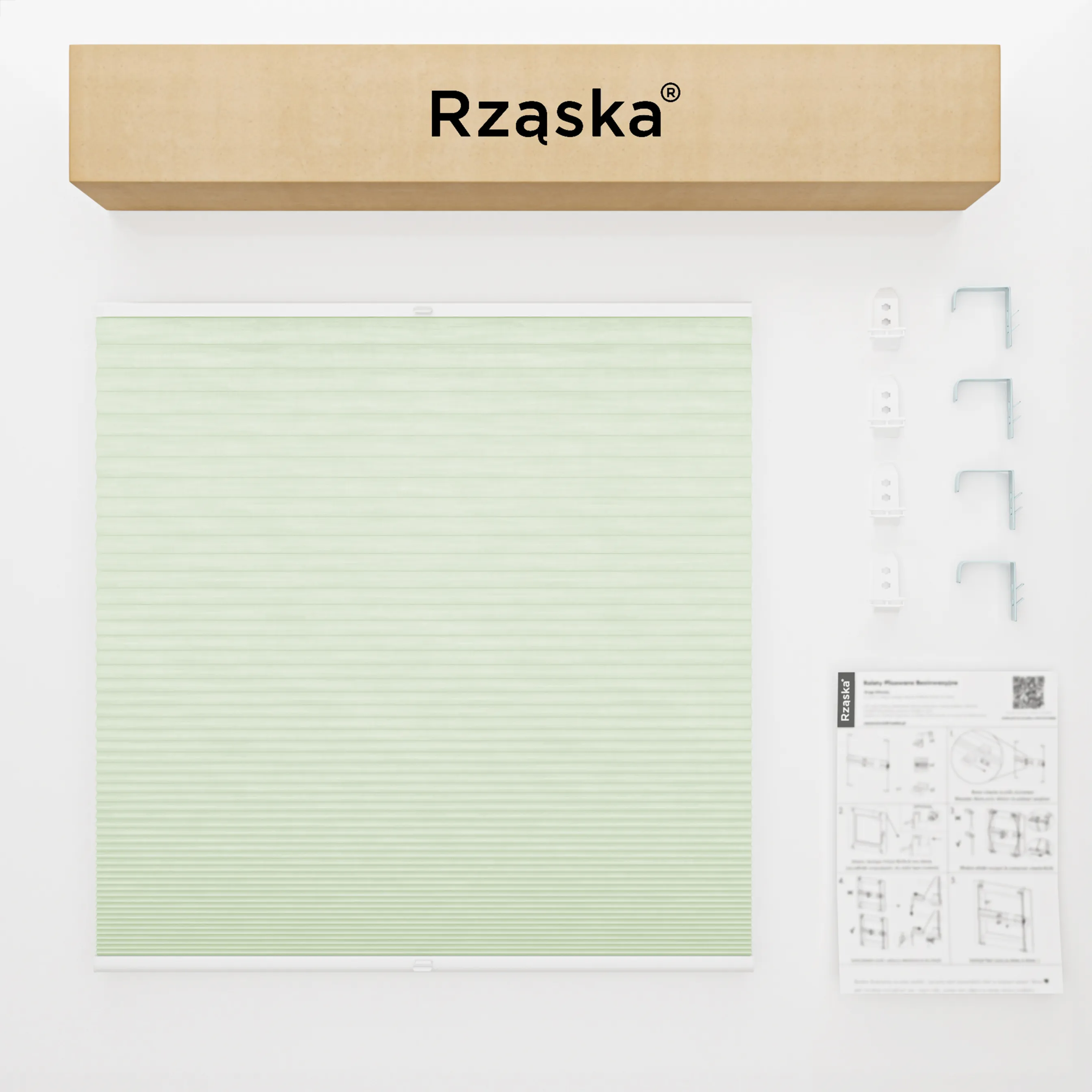 Rząska® bezinwazyjna roleta termoizolacyjna na wymiar • Thermo Honeycomb (Plaster Miodu): kolor tkaniny Matcha Latte, pastelowa zieleń • Risinfix Double 2w1 • kolor profili biały