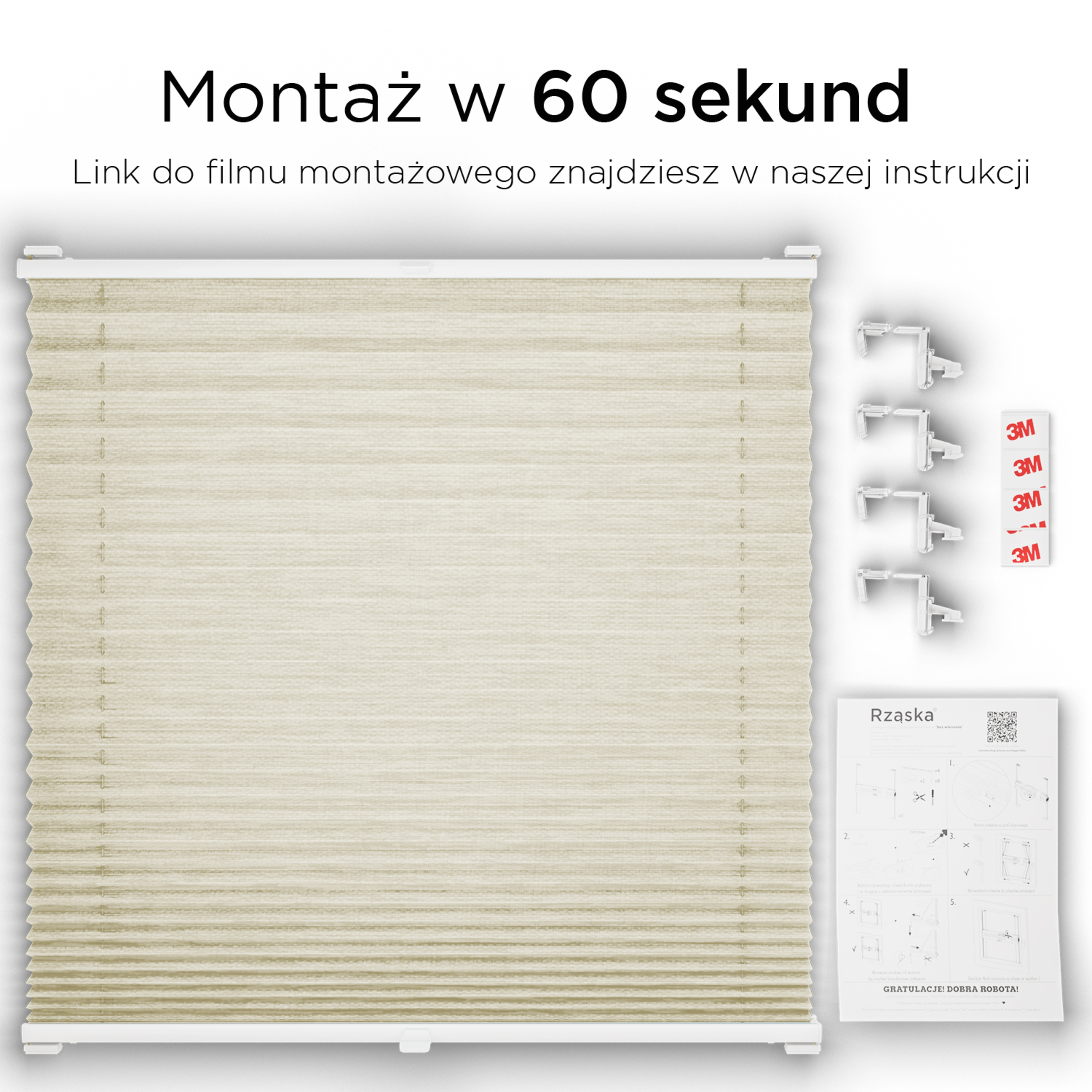 Bezinwazyjne plisy na okno Rząska® pod na wymiar, uchwyty Risinfix Incognito X do zaciskania, kolekcja Dolomite w kolorze Lekka kawa, beżowym z profilem srebrnym.
