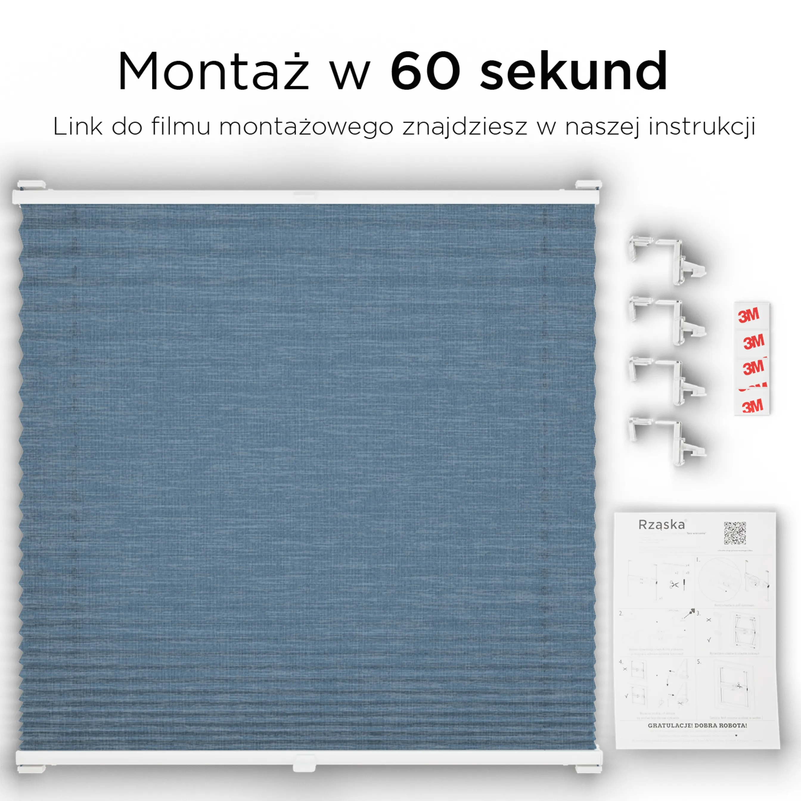 Bezinwazyjne plisy okienne Rząska® na wymiar, uchwyty Risinfix Incognito X do zaciskania, kolekcja Melange w kolorze Podczas desczu, niebieskim z profilem białym.