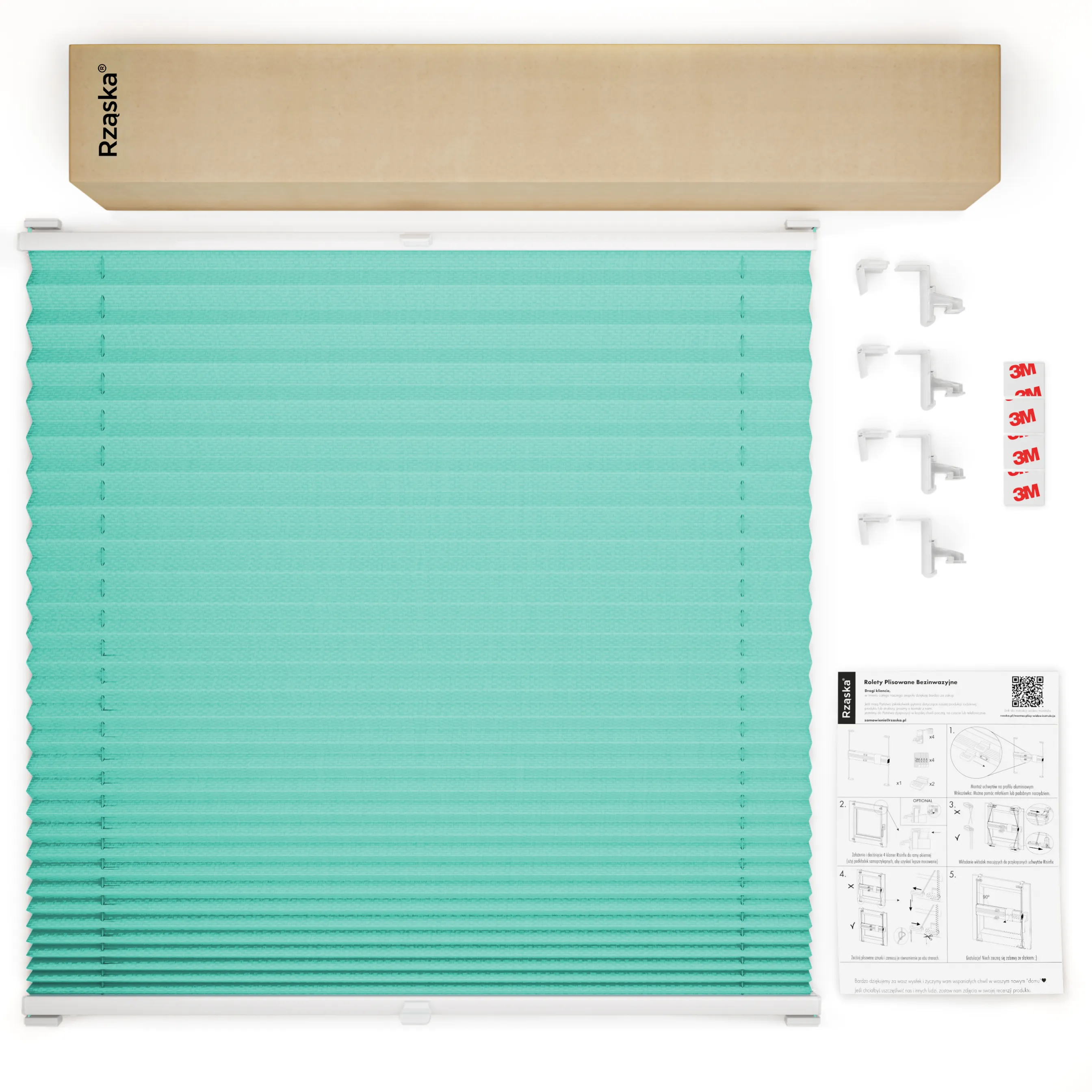 Bezinwazyjne plisy okienne Rząska® na wymiar, uchwyty Risinfix Incognito X do zaciskania, kolekcja Premium w kolorze Błękitny ocean, turkusowym z profilem białym.