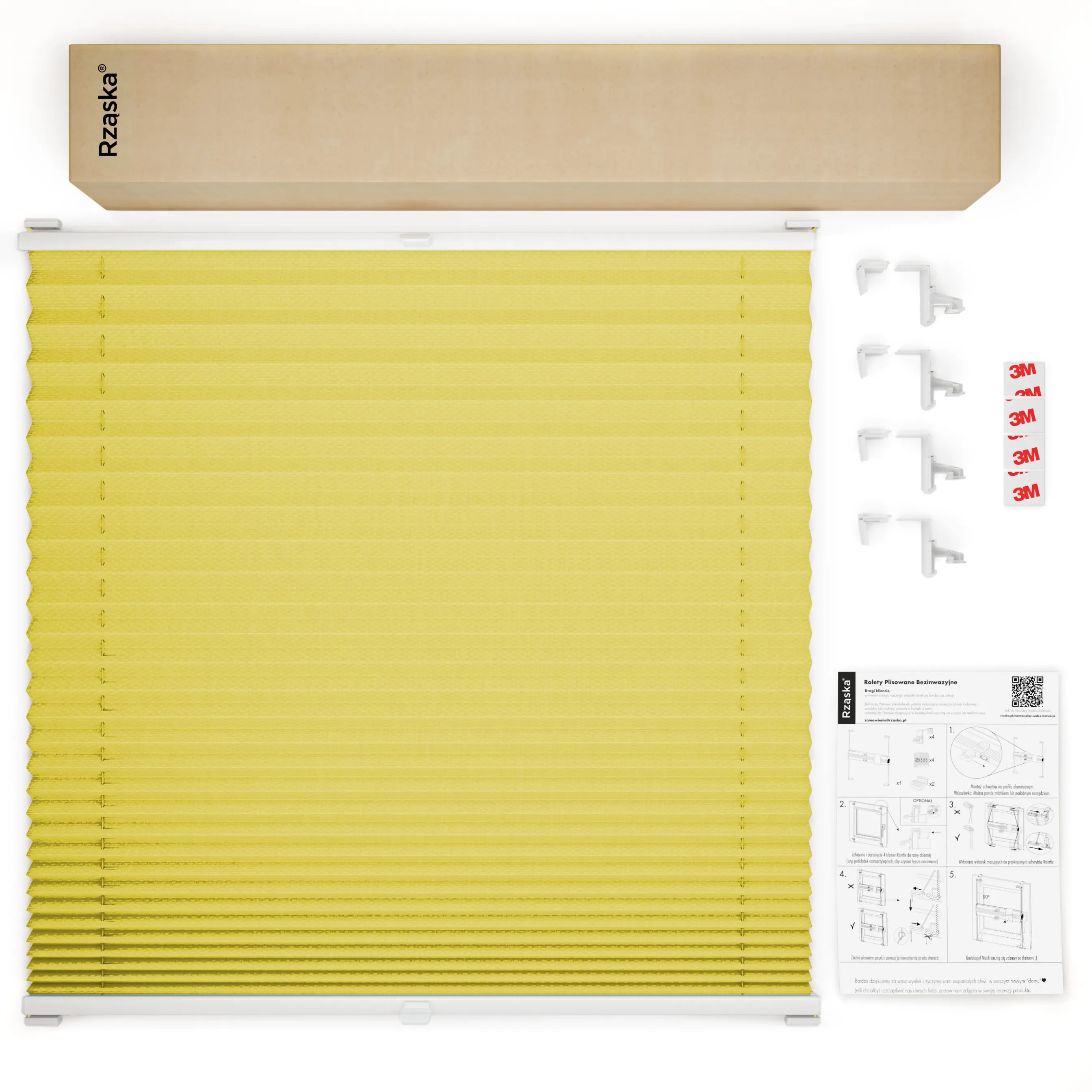 Bezinwazyjne plisy okienne Rząska® na wymiar, uchwyty Risinfix Incognito X do zaciskania, kolekcja Premium w kolorze Wakacyjny czas ,zółtym z profilem białym.