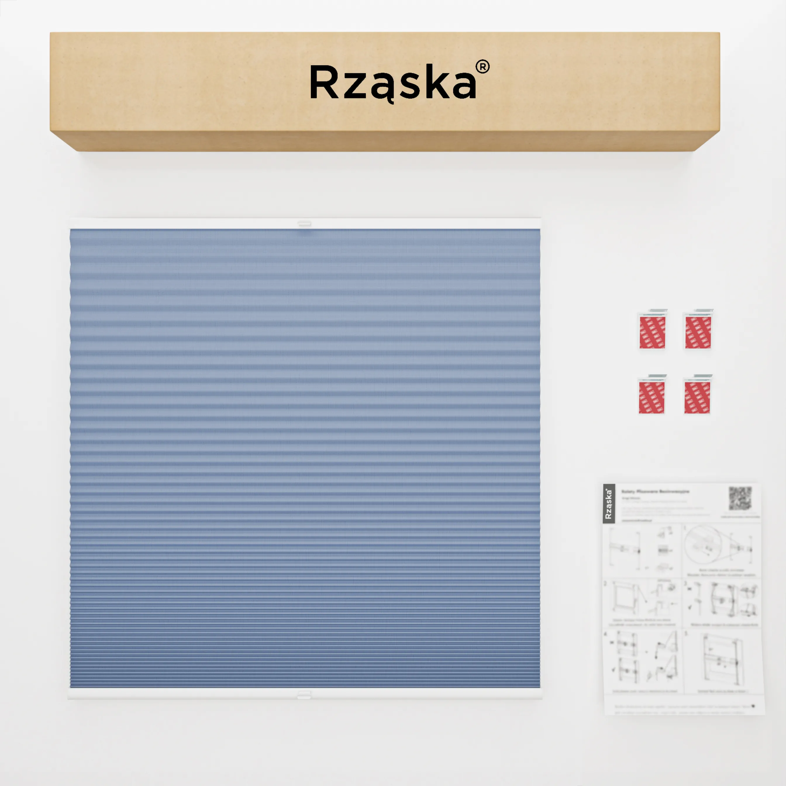 Bezinwazyjna roleta termoizolacyjna Rząska® na wymiar o strukturze plastra miodu kolekcja Honeycomb w kolorze Lodowy Ocean, jasnoniebieskim z profilem antracytowym.