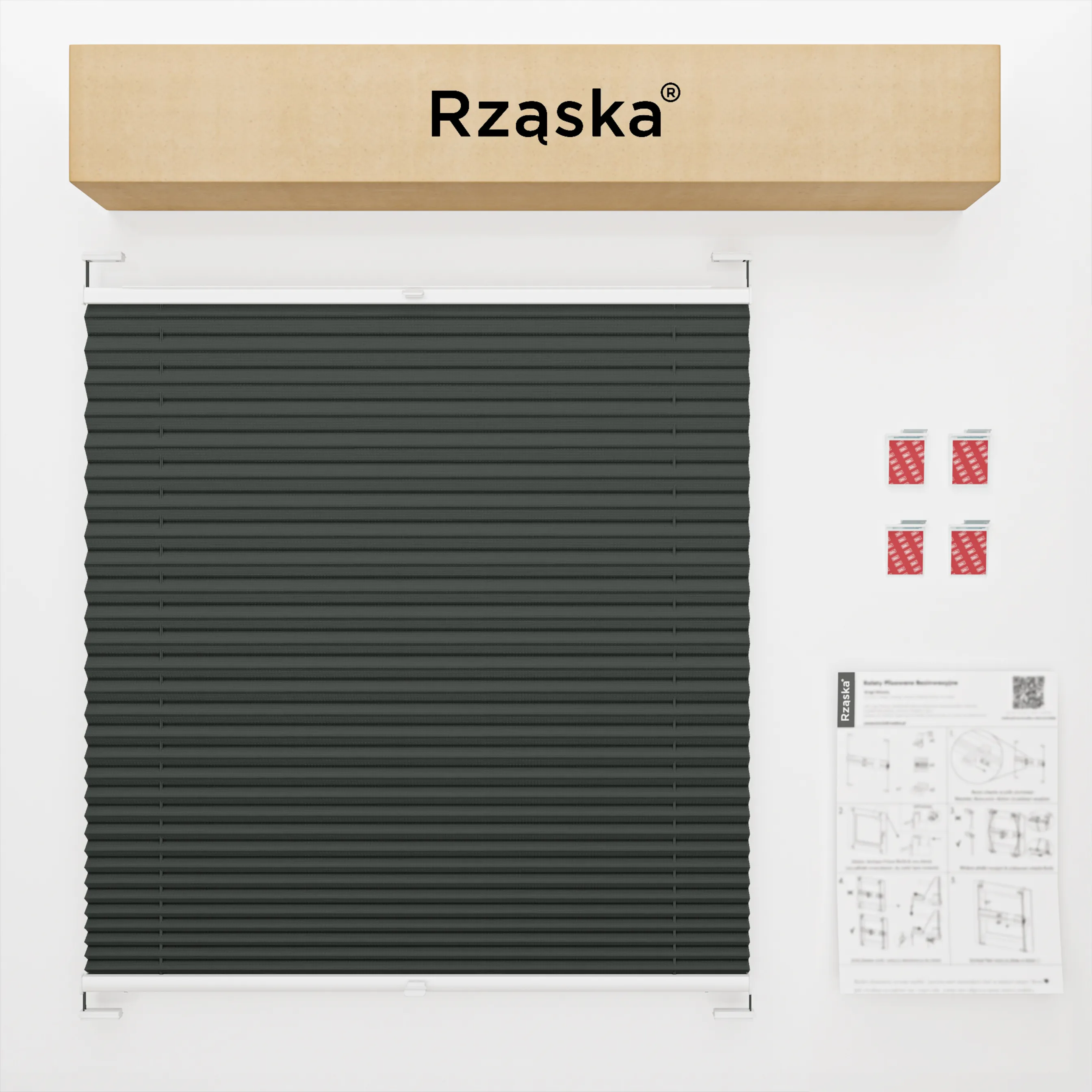 Bezinwazyjne rolety plisowane Rząska® na wymiar, uchwyty Risinfix do klejenia, kolekcja Thermo w kolorze Przed sztormem, szarym z profilem białym.