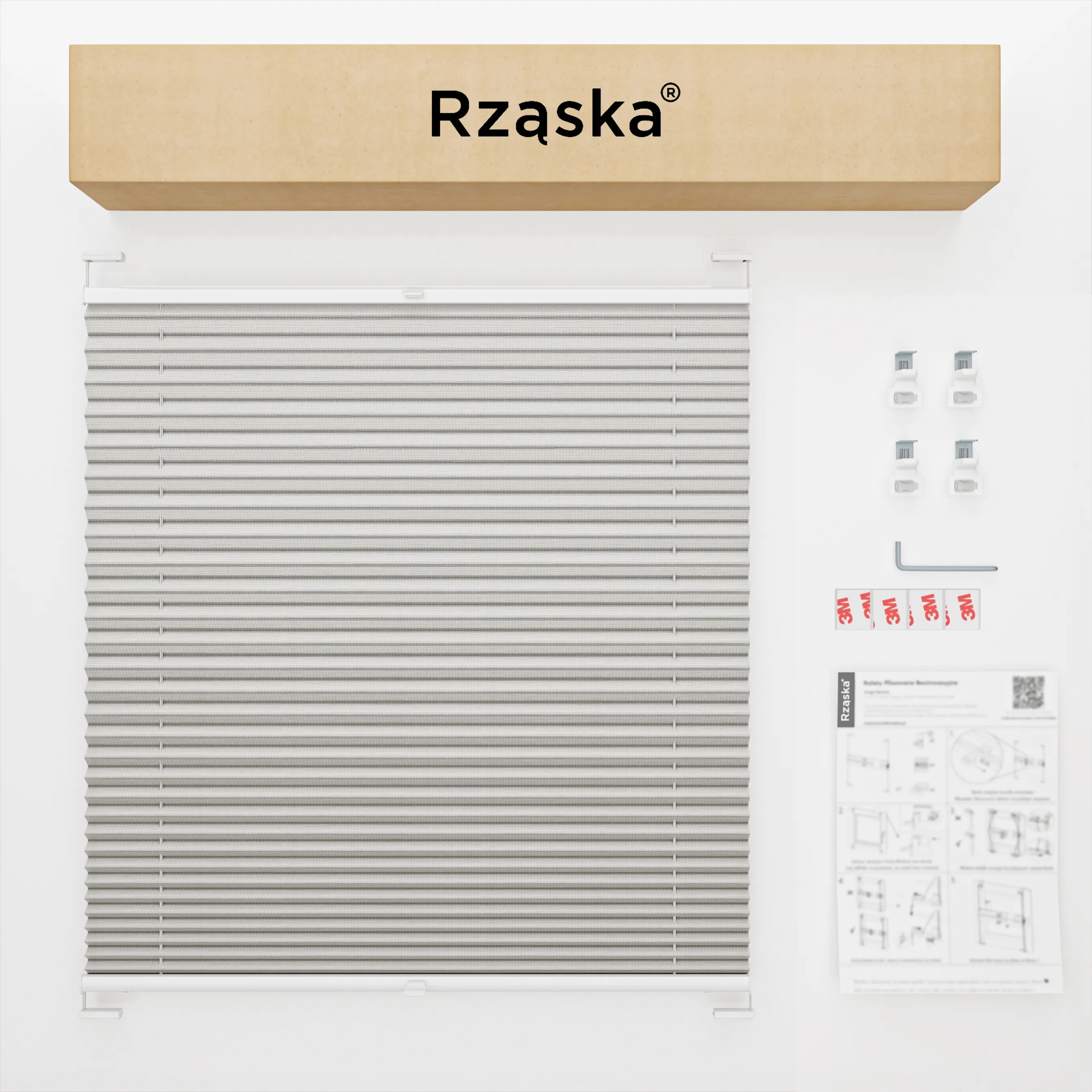 Bezinwazyjne plisy do okien Rząska® na wymiar, uchwyty Risinfix do zaciskania na imbus, kolekcja Premium w kolorze Droga do domu, srebrnym z profilem białym.