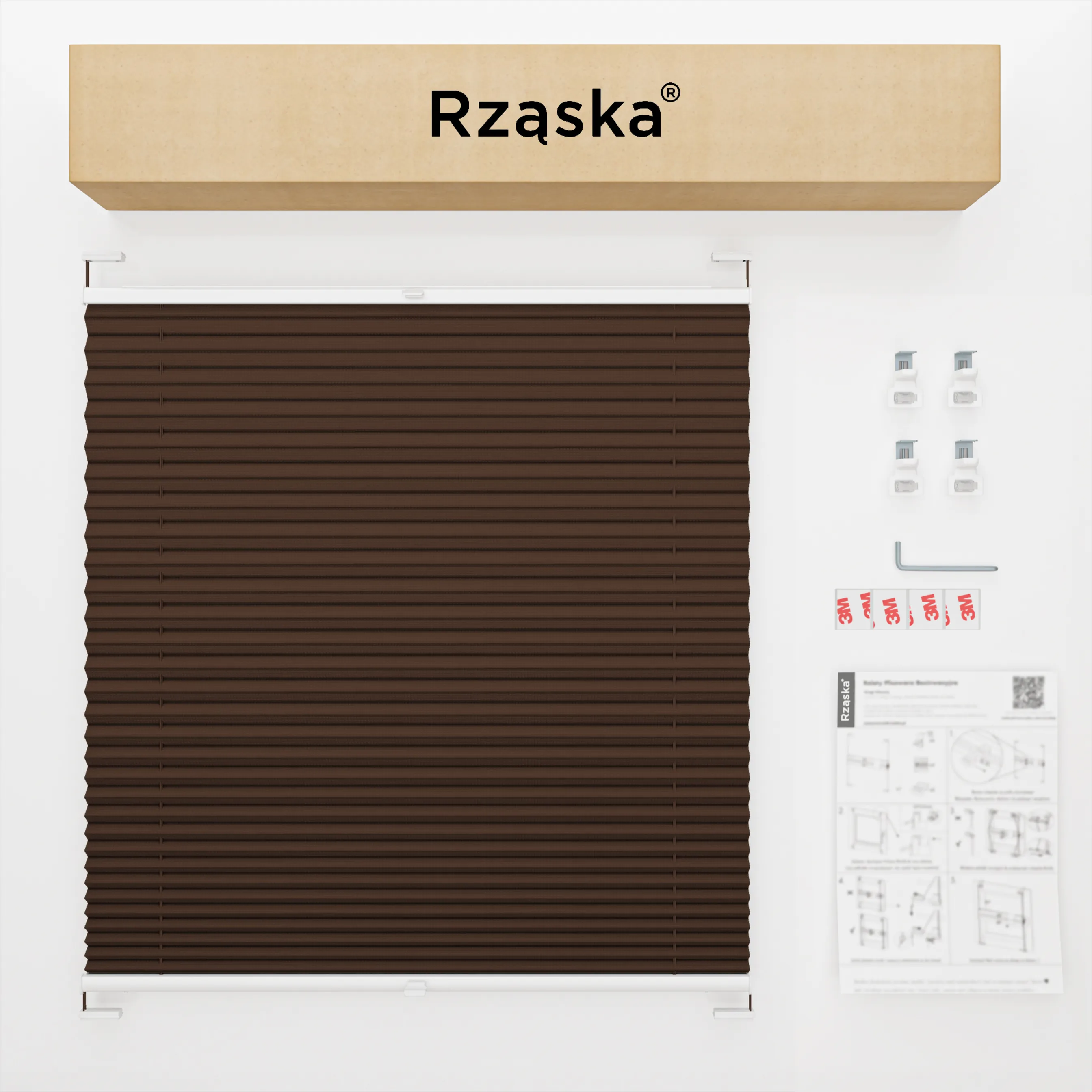 Bezinwazyjne plisy do okien Rząska® na wymiar, uchwyty Risinfix do zaciskania na imbus, kolekcja Premium w kolorze Gorąca czekolada, ciemnego brązu z profilem białym.