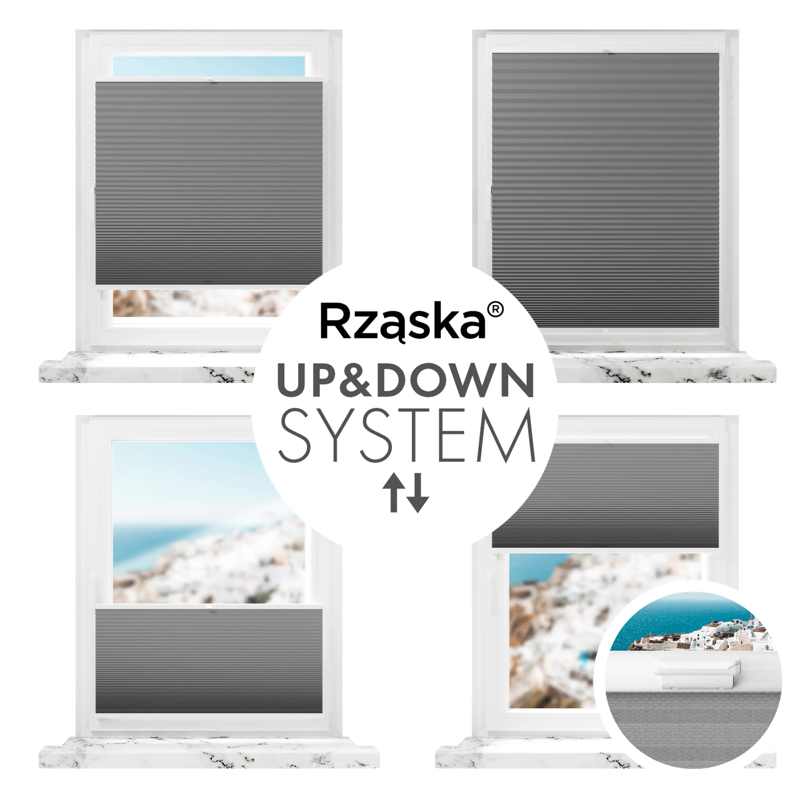 Inwazyjne plisy, rolety termoizolacyjne Rząska® na wymiar o strukturze plastra miodu kolekcja Honeycomb w kolorze Tango o zmierzchu, szarym z profilem białym.