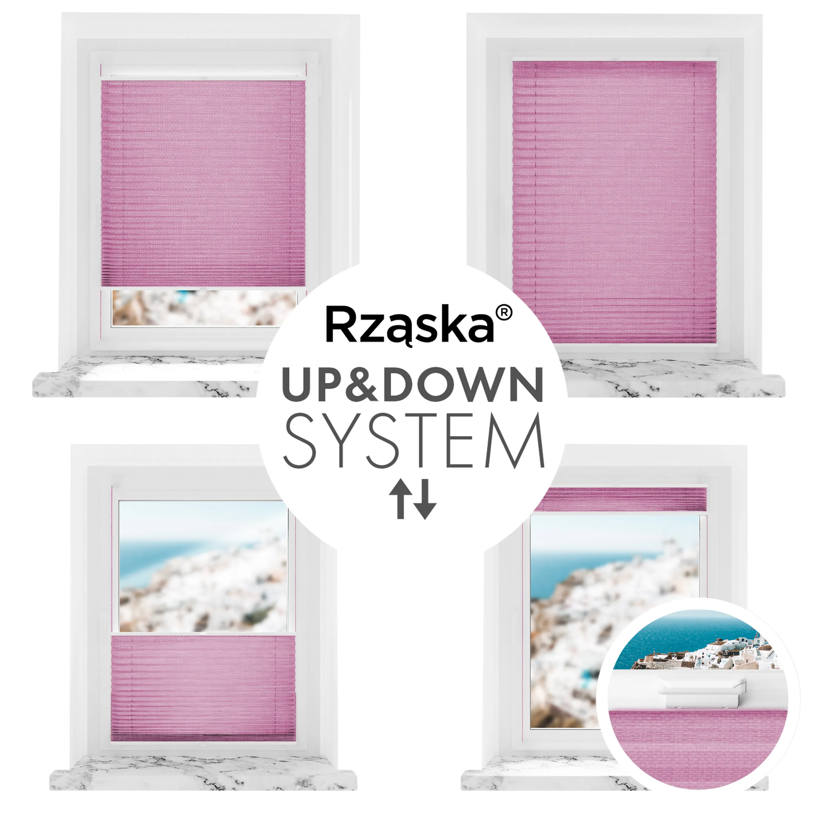 Bezinwazyjne plisy okienne Rząska® na wymiar, uchwyty Risinfix Incognito X do zaciskania, kolekcja Melange w kolorze Magiczny róż, różowym z profilem białym.